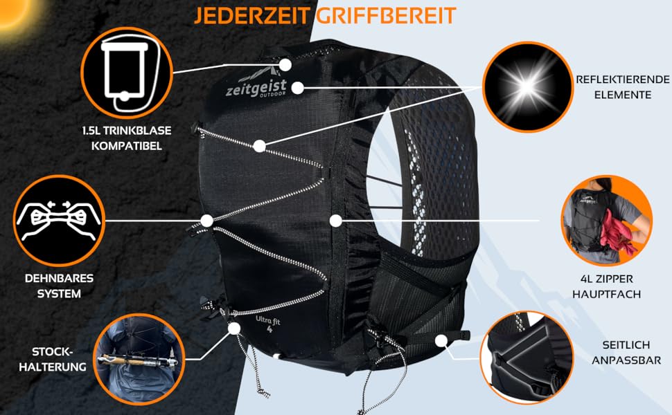 Жилет біговий Zeitgeist Outdoor 4 л дихаючий надлегкий чорний M-L