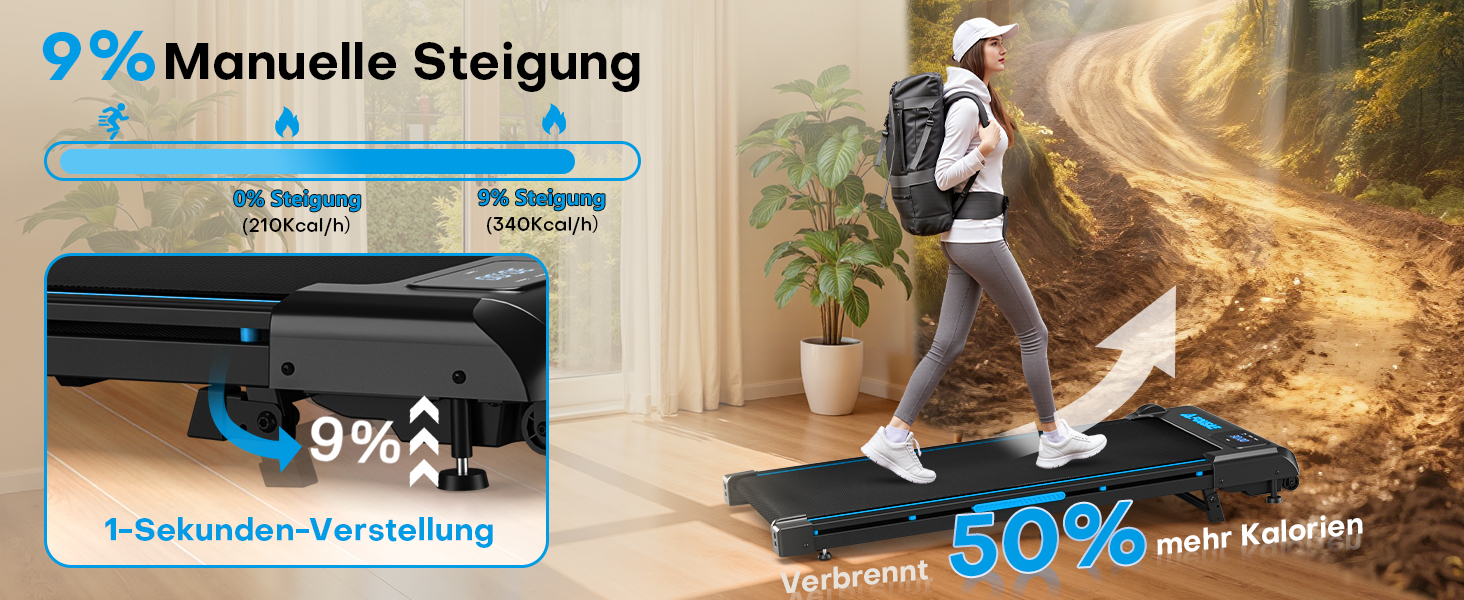 Walking Pad FOUSAE: Бігова доріжка для дому з регулюванням нахилу до 9%, потужність 2.5HP, LED-дисплей, керування з пульта та через додаток, подвійне амортизація, до 150 кг