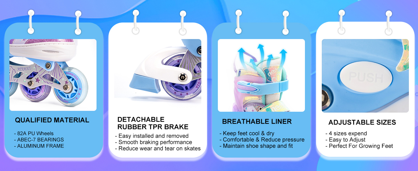 Інлайнери NEMONE для дівчаток, 4 розміри, регульовані, блакитний/фіолетовий, для дому та вулиці, розмір 37-39 EU, модель 'Морська русалка'