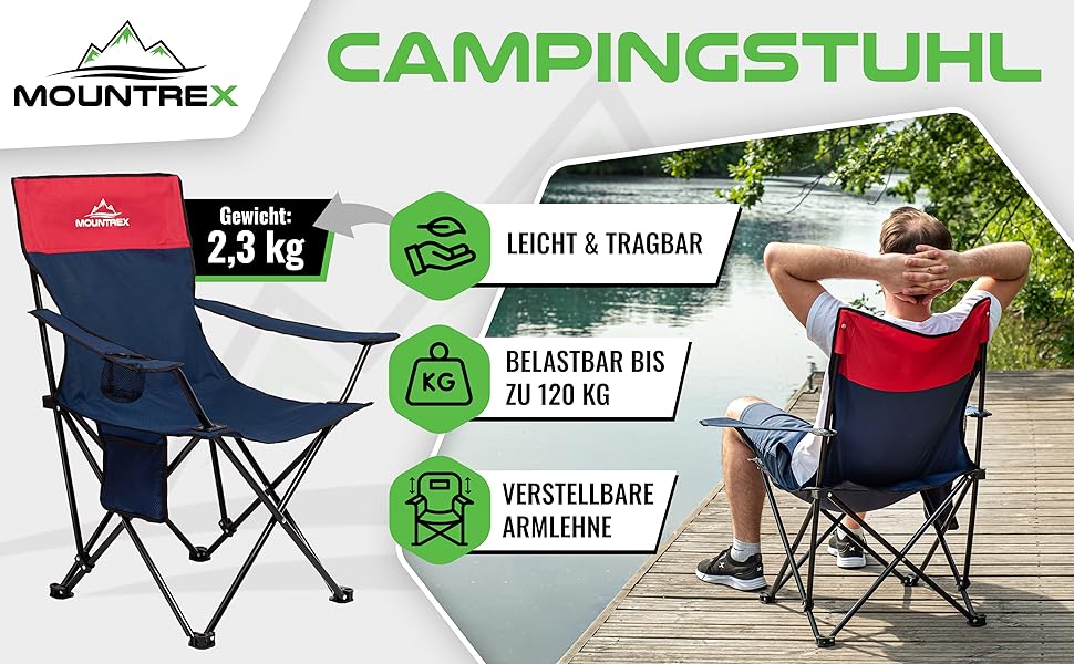 Складний туристичний стілець Mountrex - 120 кг, регульовані підлокітники, для риболовлі та пляжу, з підстаканником та сумкою (Блакитний)