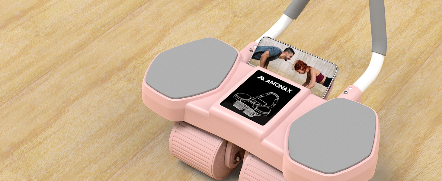 Ролер для пресу Amonax з чотирма колесами та підставкою для ліктів, автоматичний ролер для тренування пресу, ролер для пресу для чоловіків та жінок (рожевий)