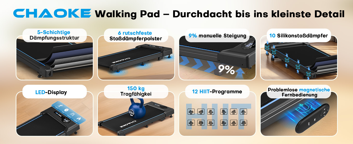 Ходунка CHAOKE з регулюванням нахилу 9%, біговий стіл для дому та офісу, потужний 2.75 PS мотор, до 150 кг, 12 HIIT-програм та пульт керування (чорний)