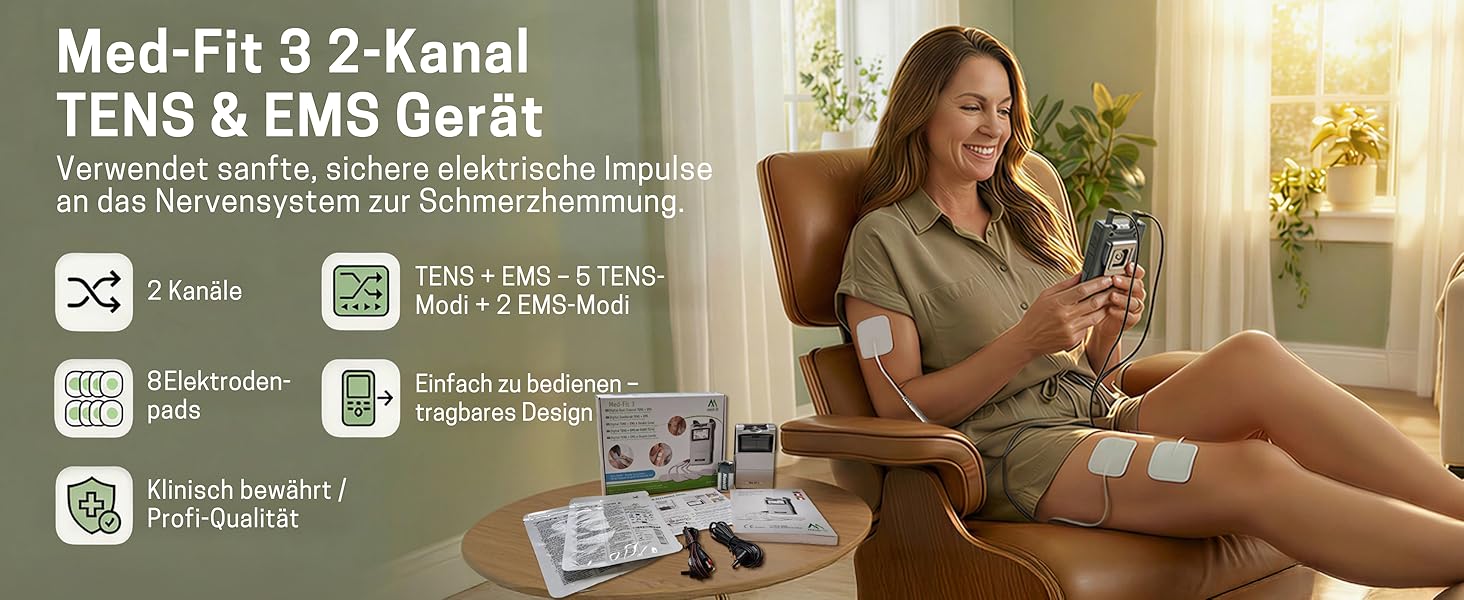 Med-Fit 3 TENS + EMS Апарат для електростимуляції м'язів та знеболення (2 канали) - медичний прилад IIa класу для лікування болю в спині, ішіасу, артрозу, шиї, плечей та нарощування м'язів