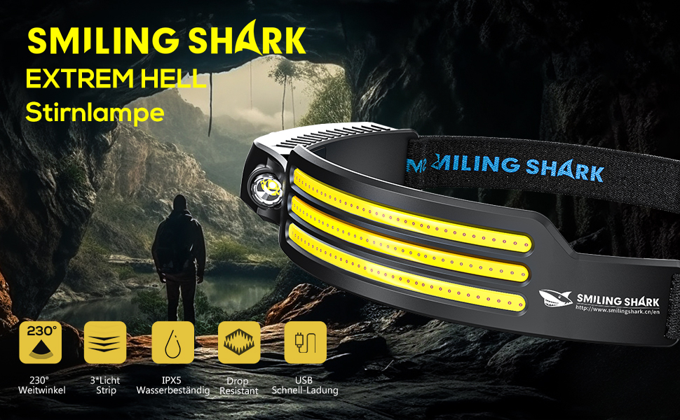 Крізьлампа Smiling Shark: 230° кут огляду, 3 LED, біле світло, перезаряджувана, водонепроникна. Ідеально для кемпінгу, бігу, риболовлі.
