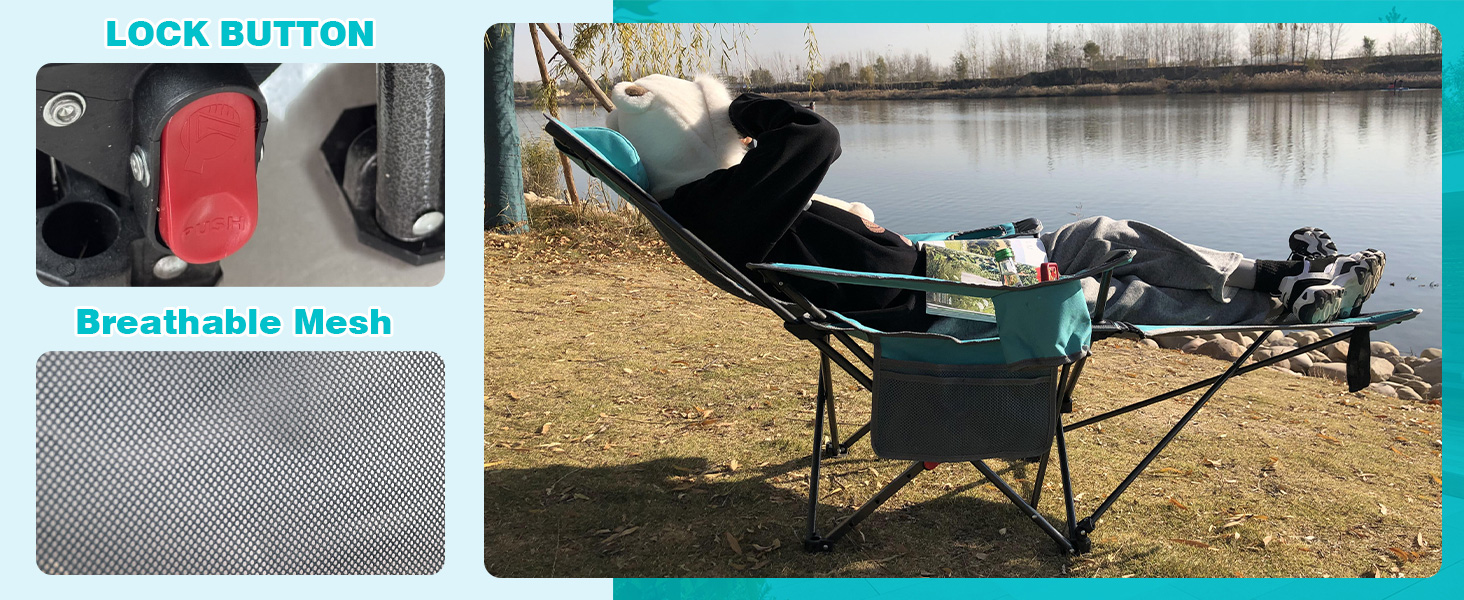 Крісло для кемпінгу Poeopore складне з підставкою для ніг, 4-х секційне, для відпочинку на пляжі та риболовлі, витримує до 120 кг, з кишенькою-холодильником, подушкою та тримачем для напоїв, блакитне