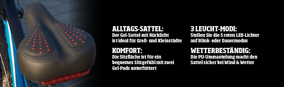 Велосипедне сідло EUROtops Gel з ліхтариком – комфортне сідло з гелевими подушками та двома пружинами, червоне світло безпеки, чорний колір, для чоловічих та жіночих велосипедів