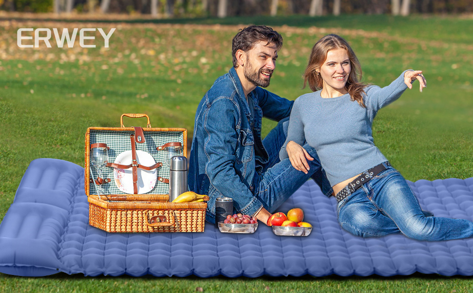 Килимок туристичний самонадувний ERWEY Isomatte для 2 осіб, 200x135 см, ультралегкий, з насосом, для кемпінгу, намету, відпочинку, блакитний