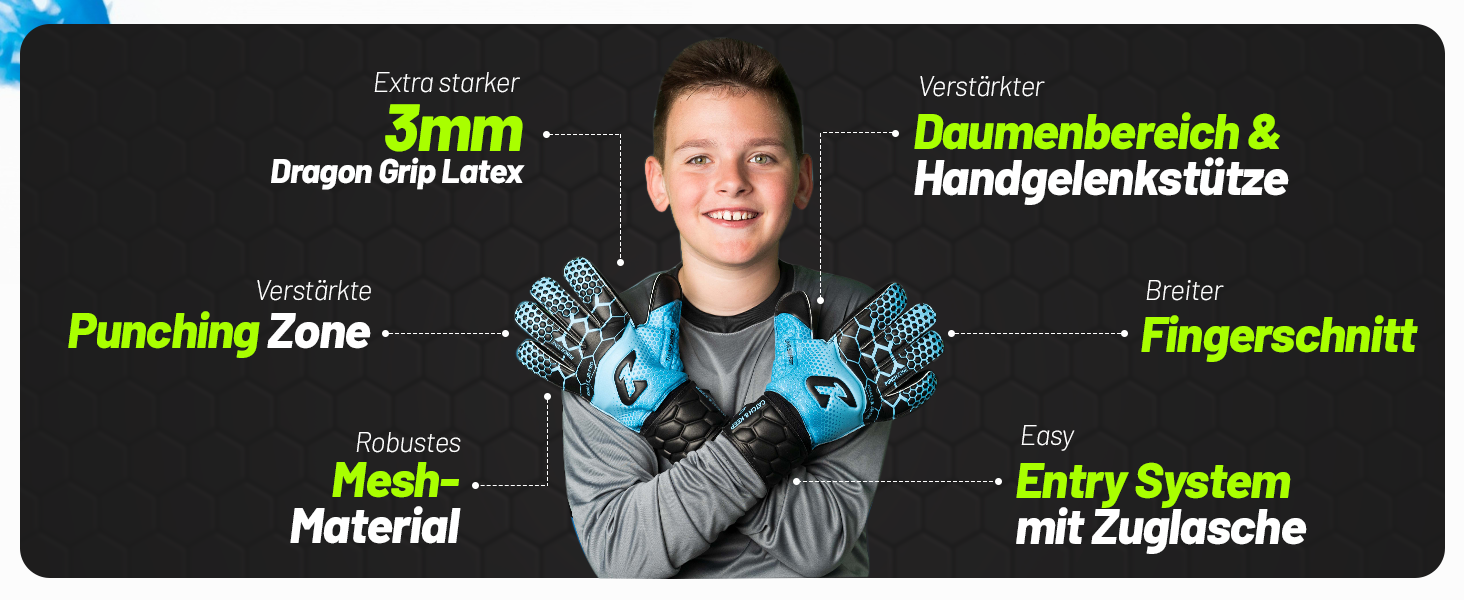 Воротарські рукавиці дитячі CATCH & KEEP Kralle Junior Pro 3.0 Dragon Grip, розмір 3-7 - блакитні, з підтримкою великого пальця