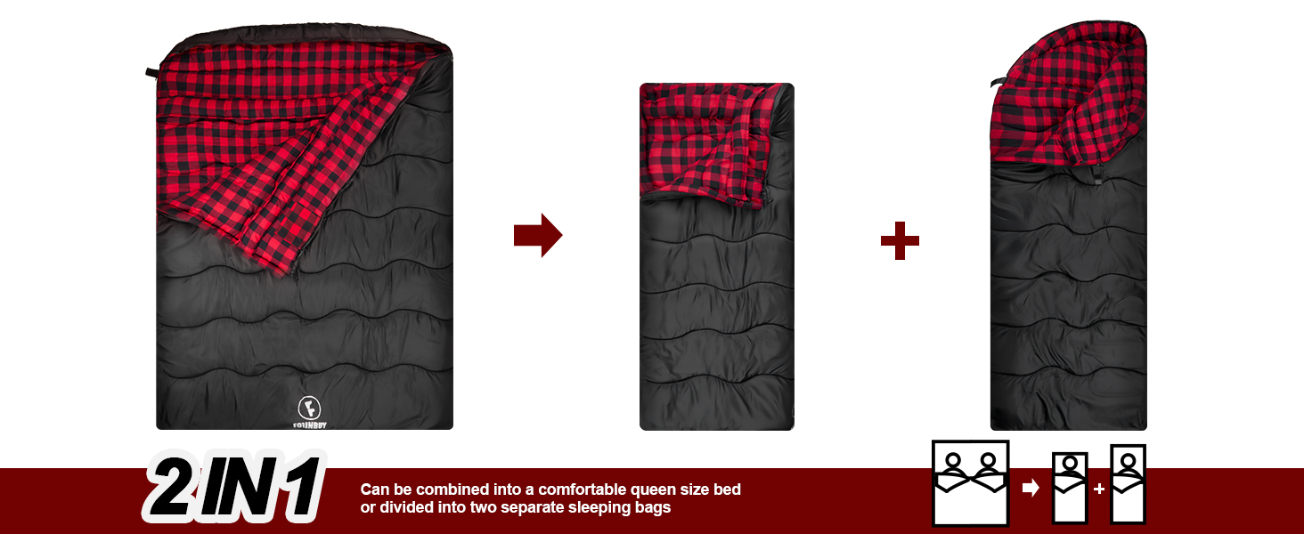 Спальний мішок Baumwolle для двох дорослих, зимовий, водонепроникний, теплий, розмір Queen, для кемпінгу та подорожей на автодомі, чорно-червоний