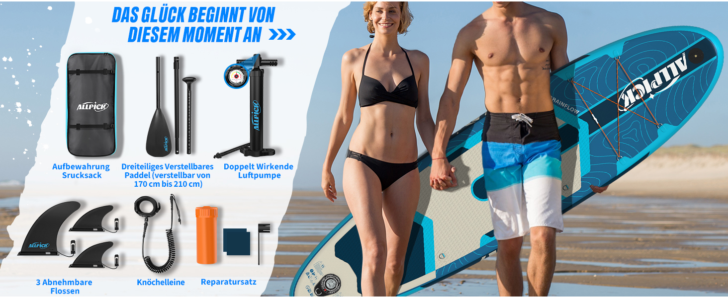 Надувний SUP-борд ALLPICK Premium з аксесуарами, тримачем для камери, регульованим веслом, для початківців та досвідчених, 200 кг, колір: Глибокий синій