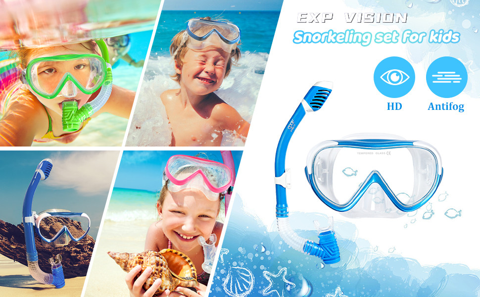 Набір для підводного плавання Kids, Окуляри для дайвінгу Kids Anti-Fog and Dry Snorkel - Маска для дайвінгу проти протікання Суха трубка Набір для підводного плавання для хлопчиків дівчаток 4-14 F Blue Set