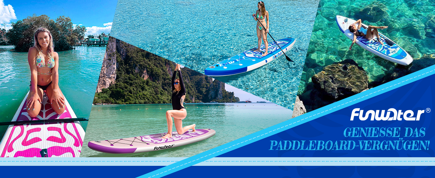 Надувний SUP (Stand Up Paddle Board) FunWater 10'6' & 11'6' з аксесуарами: весло, насос, рюкзак, плавники. Підходить для всіх рівнів майстерності. Рожевий та синій кольори.