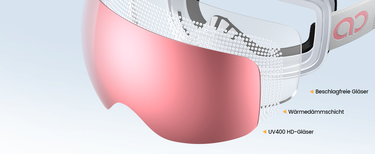 Ламмікал - Скі-маска для чоловіків та жінок, сноуборд маска з OTG - [Ultra HD, широке поле зору] - Анти-туманна скі маска для людей у окулярах, дзеркальна сноуборд маска, скі маска UV400 з захистом від відблисків (Покращена - біла рама - рожевий колір (VLT: 28%))