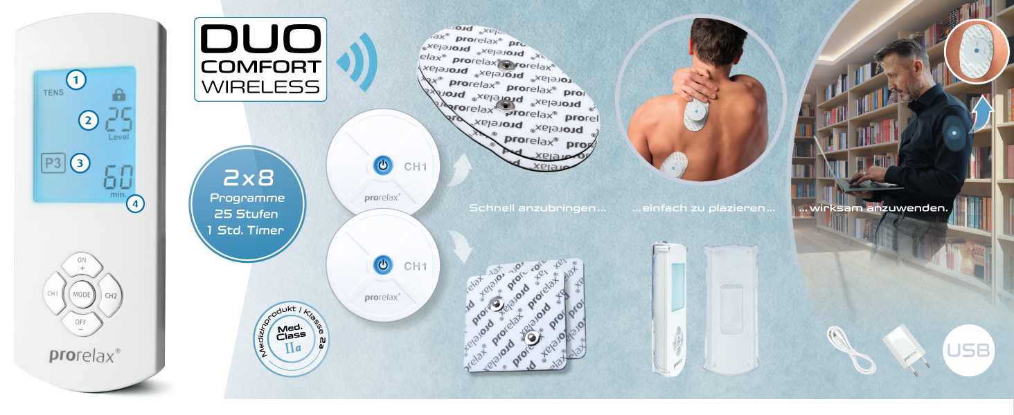 Prorelax TENS/EMS електrostimulator: 2 терапії в одному приладі для зняття болю та м'язового розвитку | Бездротовий комплект