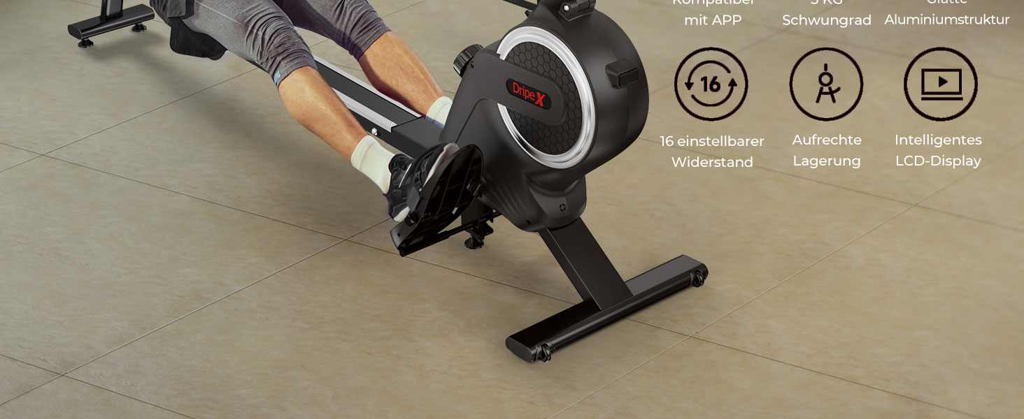 Дріпекс - тренажер для дому, бігова доріжка для веслування, до 160 кг, 16 рівнів опору, Bluetooth, LCD, тихий, чорний