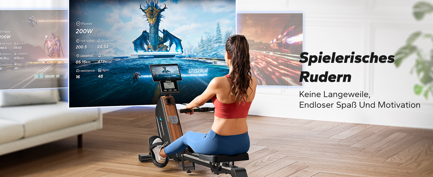 Гребний тренажер MERACH для дому, складаний, з магнітним приводом, тихий, з додатком, подовжені направляючі рейки, електричне регулювання (Plug-in)