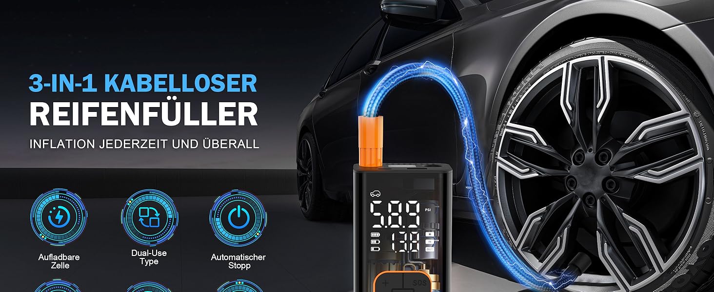 Електрична повітряна помпа, бездротова помпа для шин велосипеда з цифровим манометром (150 PSI), LED-ліхтар, для авто/велосипеда/мотоцикла/м'яча