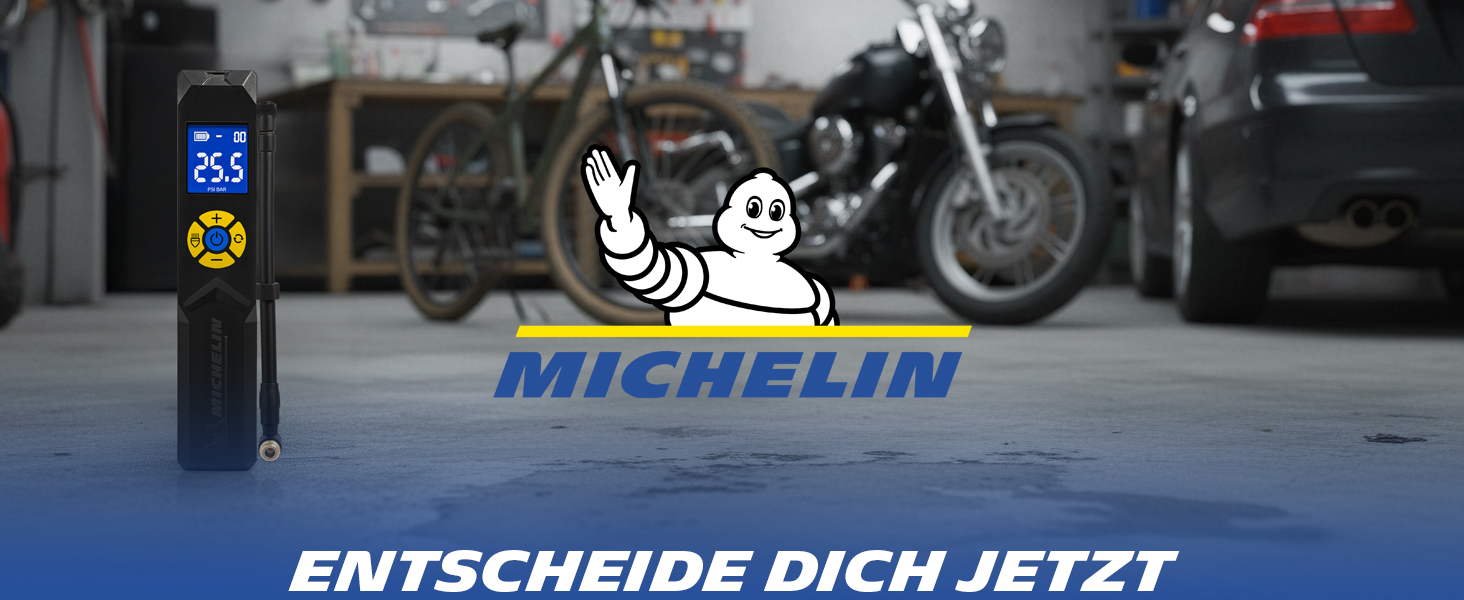 Міні-компресор Michelin Akku 10 Bar – портативний, цифровий | Для авто, велосипеда, електровелосипеда, мотоцикла, кемпера та причепа | 150 PSI, 7.4 V / 2500 mAH | LCD-дисплей, LED-підсвічування