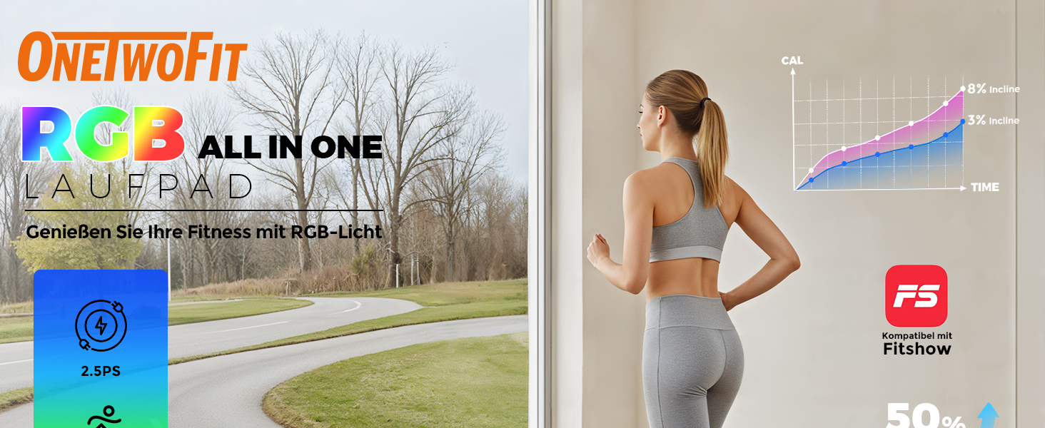 Біговий столик ONETWOFIT з RGB-підсвічуванням, регульований, з пультом керування та додатком, для дому BLACK-RGB