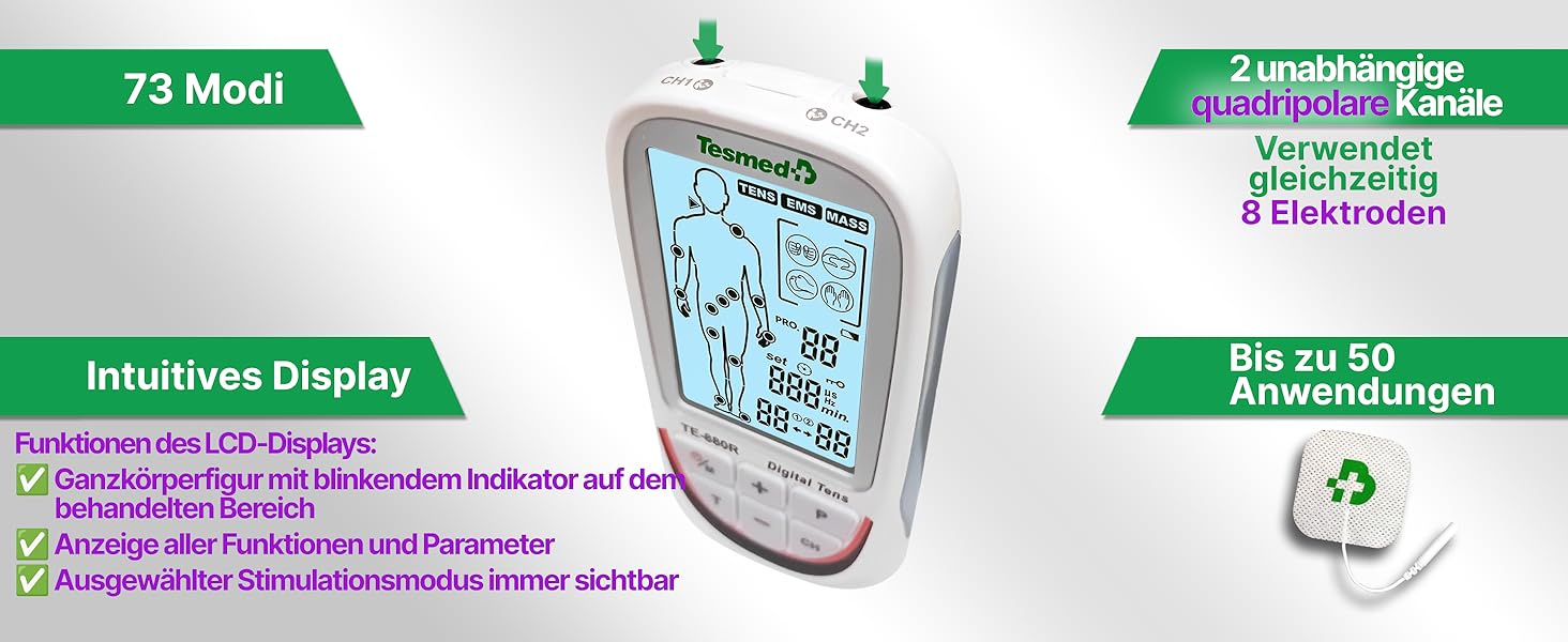 TESMED TE-880R Plus: Музелелектричний стимулятор TENS EMS, пристрій для зняття болю та масажу, 73 програми (2 налаштовуються), 8 електродів