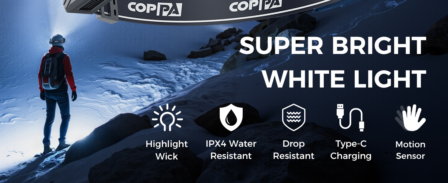 Налобний ліхтар COPPA H4C LED з акумулятором (2 шт.) з функцією Floodlight та Spotlight. Білий, жовтий, червоний, зелений. Датчик руху для дітей, кемпінгу, бігу, риболовлі, альпінізму, ремонту, джогінгу