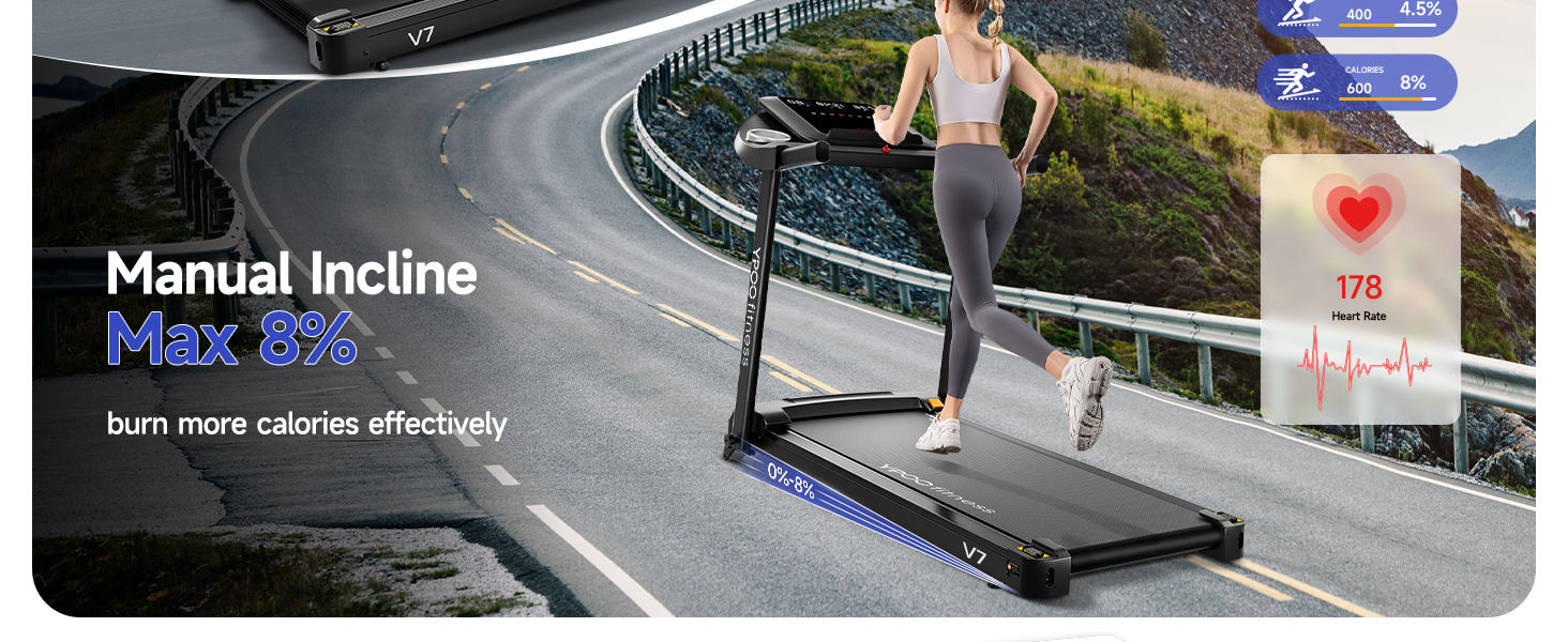 Біговий тренажер YPOO для дому, складаний з нахилом 8%, тихий до 13 км/год з великою поверхнею для бігу, 2.5 HP з LED-дисплеєм та APP, максимальне навантаження 140 кг