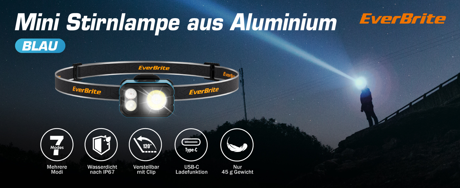 EverBrite LED налобний ліхтар: перезарядна, 45г, IP67, 7 режимів, червоне та зелене світло. Ідеально для бігу, походів, кемпінгу