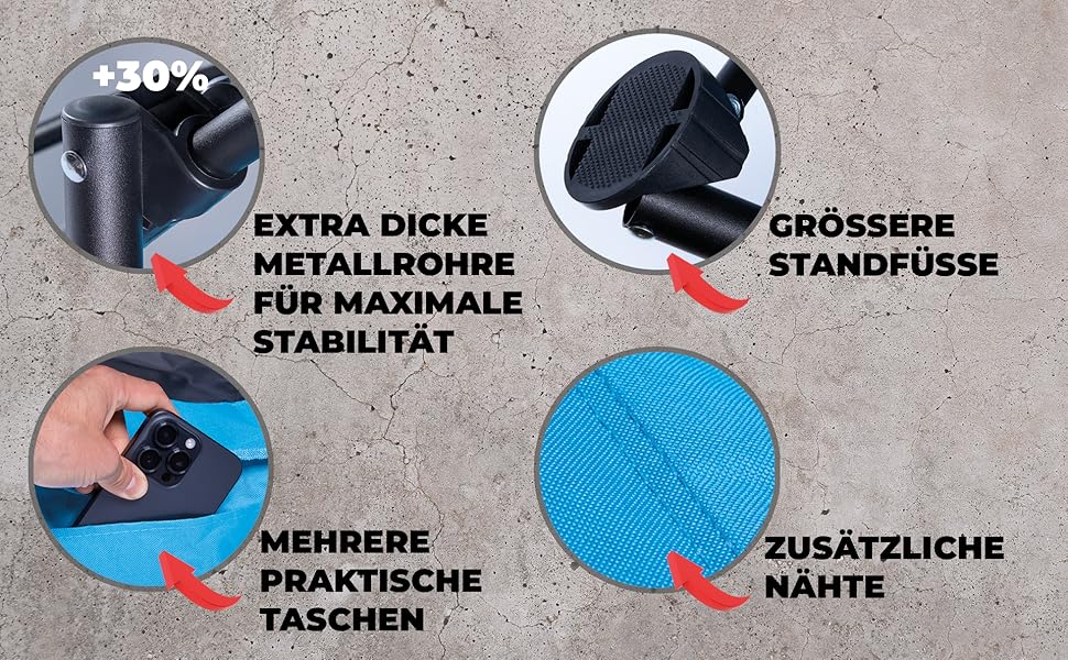 Крісло для кемпінгу Fuchs Camper Strandstuhl – розкладне, з високою спинкою та сіткою, з підстаканником та кишенею, чорне, вантажопідйомність 150 кг