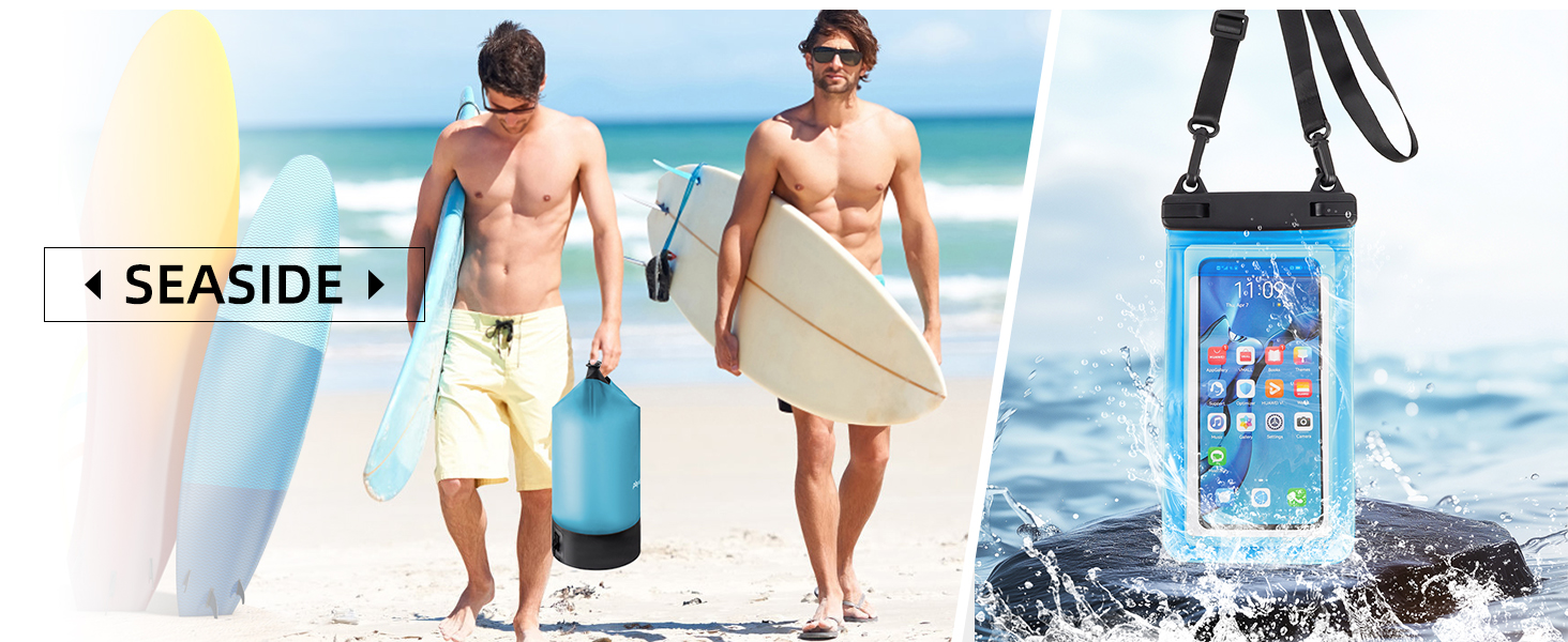 Водонепроникний сухий мішок GES 20 л Roll-Top з кишенею для телефону - для каякінгу, сплаву, кемпінгу та риболовлі (Світло-блакитний)