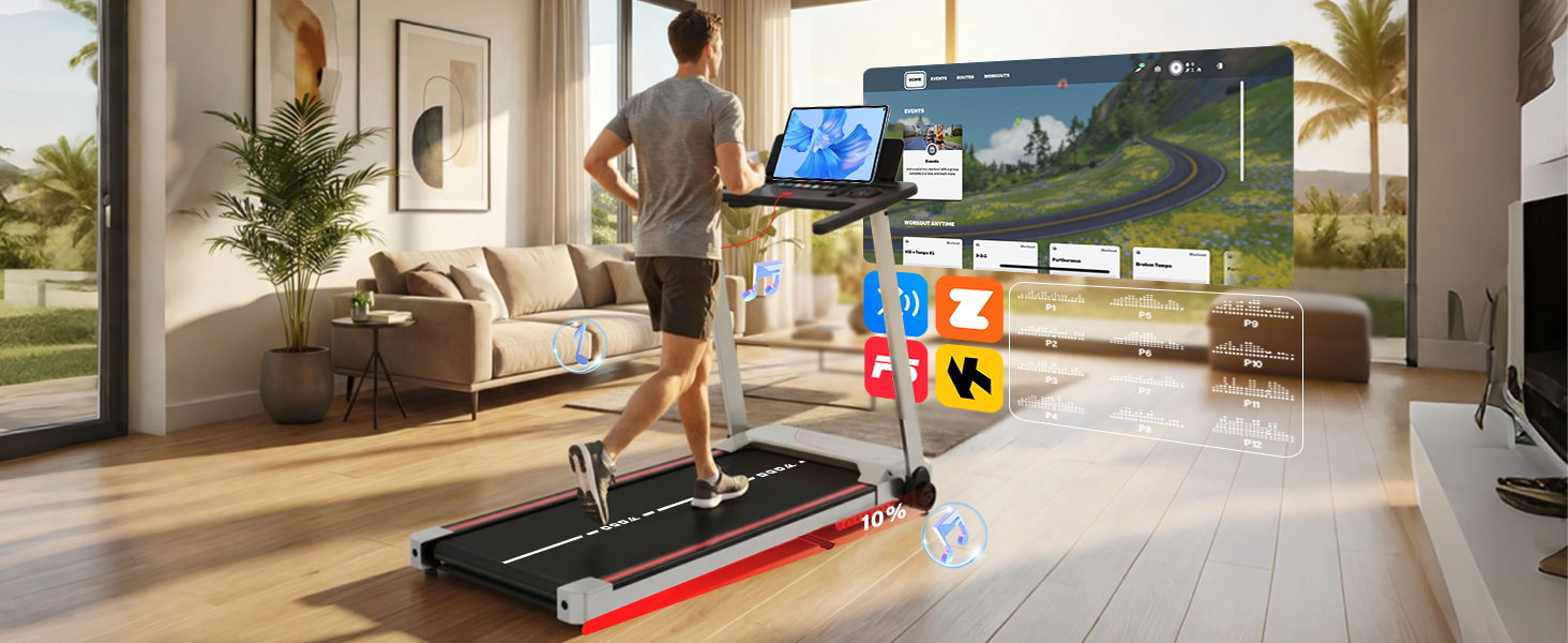 Біговий тренажер для дому з нахилом 10%, Walking Pad, складаний, 3.5HP, з Bluetooth, 12 програм, LED-дисплей, срібний