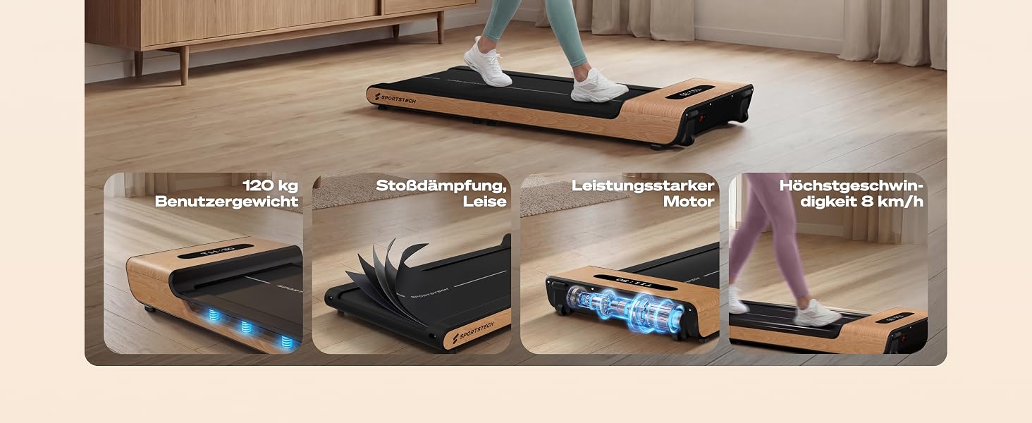 Складана бігова доріжка для ходьби Sportstech WoodPad Pro: компактний тренажер для дому та офісу, до 8 км/год, з крокоміром та підтримкою додатку, навантаження до 120 кг