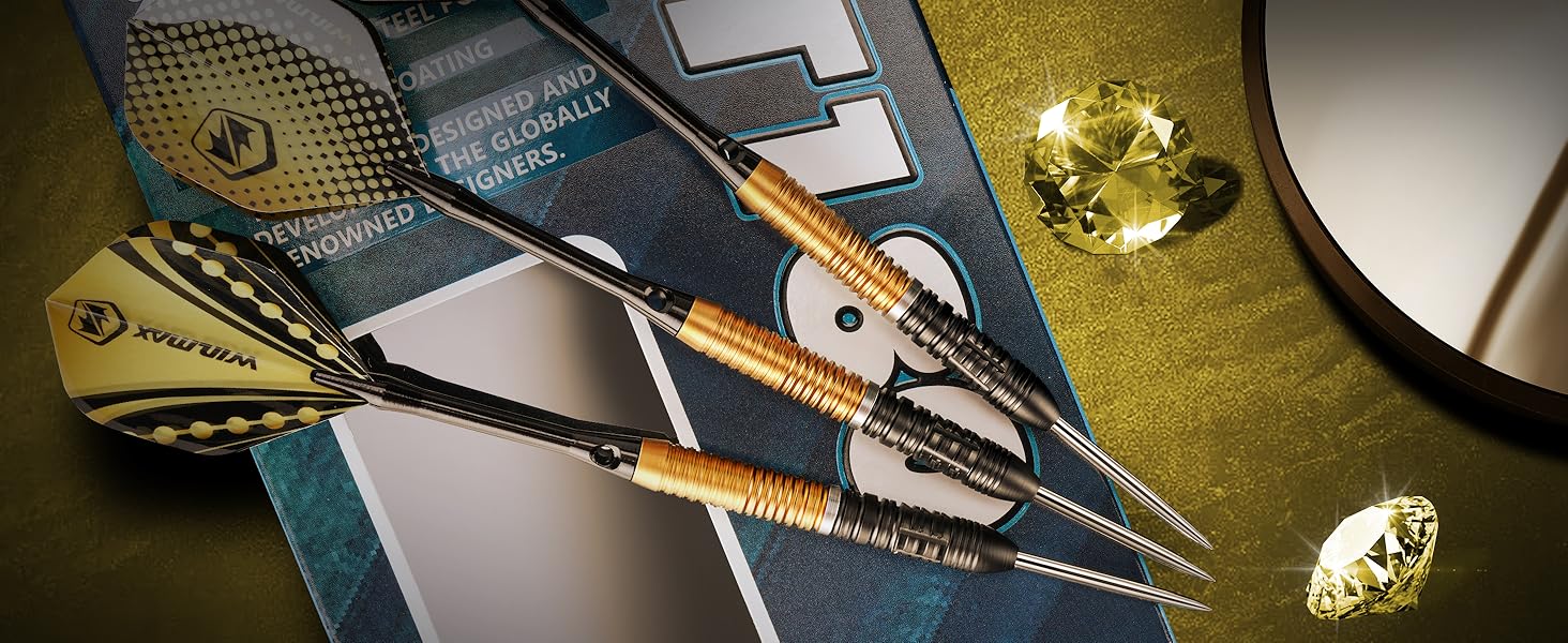Дарти WIN.MAX з металевим наконечником 90% Tungsten (Вольфрам), 3 шт., 24 г, професійні сталеві дротики (Чорно-золоті 2026)