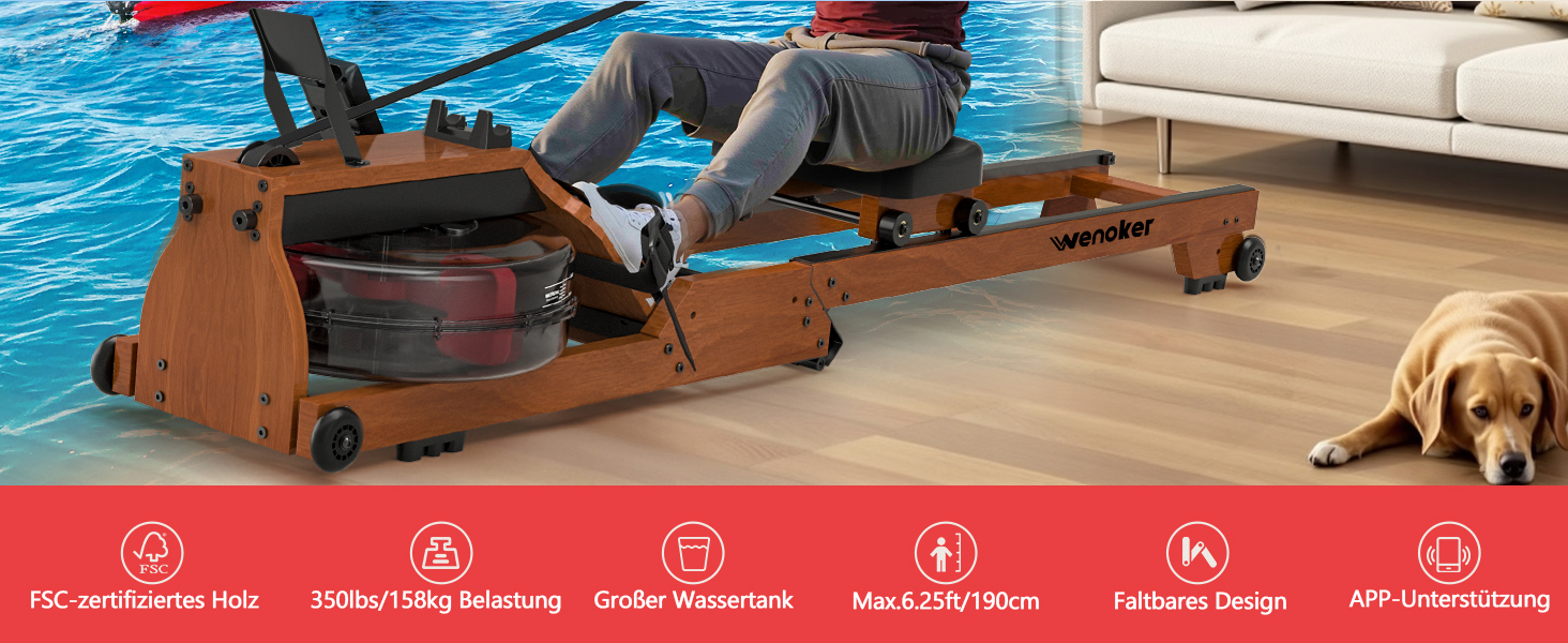 Гребний тренажер Wenoker для дому з дерева, складаний, з Bluetooth, комфортне сидіння, подвійні направляючі, до 150 кг, натуральний дуб