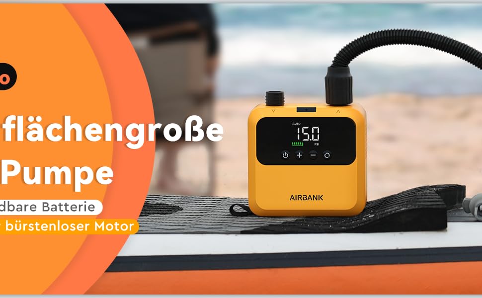 Електричний портативний насос AIRBANK PULSE Pro для SUP-дощок, каяків та човнів, 20 PSI, безщітковий двигун, помаранчевий