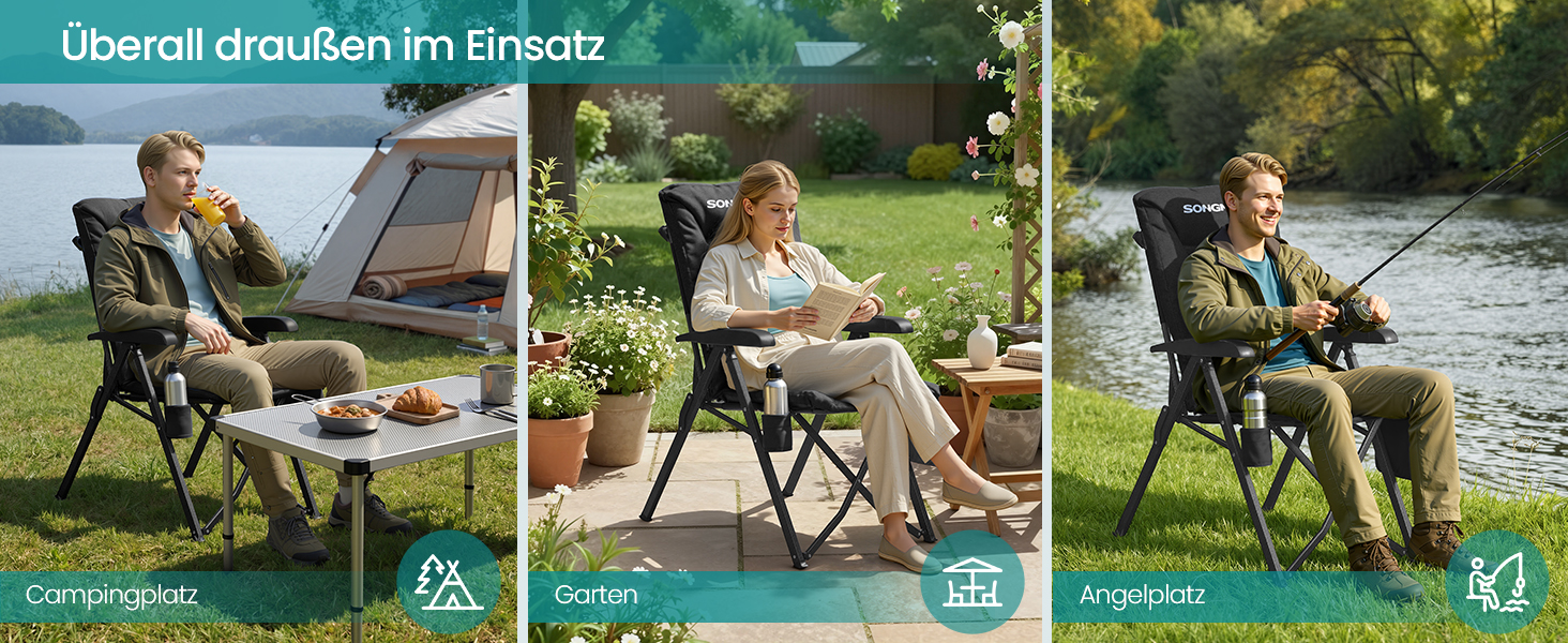 Складний туристичний стілець SONGMICS для відпочинку та риболовлі, чорний, з регульованою спинкою 95°-150°, з підстаканником та кишенею