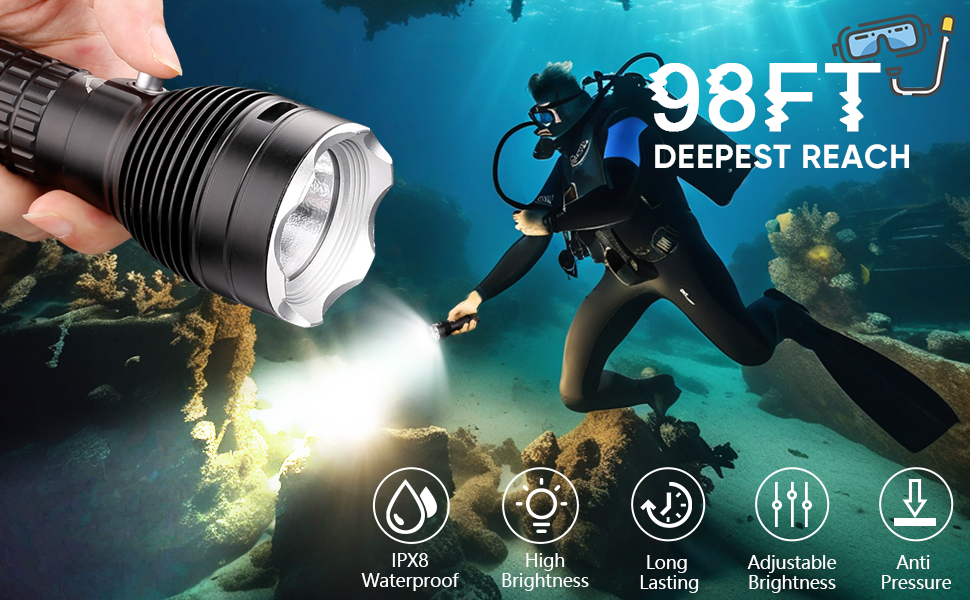 LED водонепроникний ліхтар для дайвінгу та активного відпочинку WholeFire 6000 Lumen, IPX8, 3 режими, перезаряджається, чорний