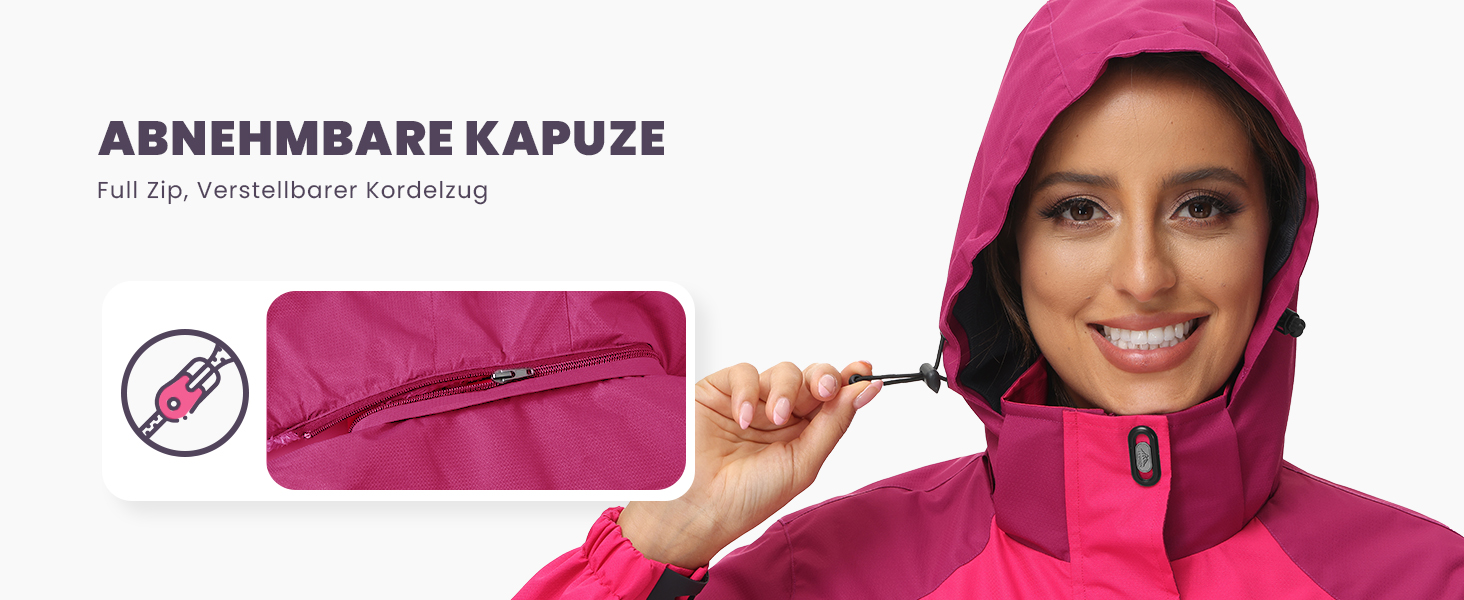 Жіноча трекінгова куртка Outdoor Легка перехідна куртка Вітронепроникна куртка Водонепроникна куртка-дощовик Дихаюча функціональна куртка з відстібаною капюшоном, Рожево-червоний колір, Розмір L