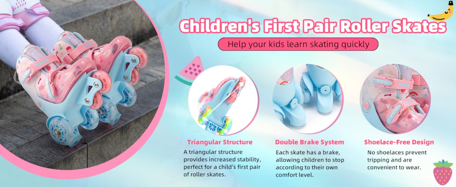 Дитячі ролики для дівчаток, 4 розміри, регульовані, безпечні, дихаюче матеріалу, легкі, для початківців (fruit, XS: 25-27.5 EU)