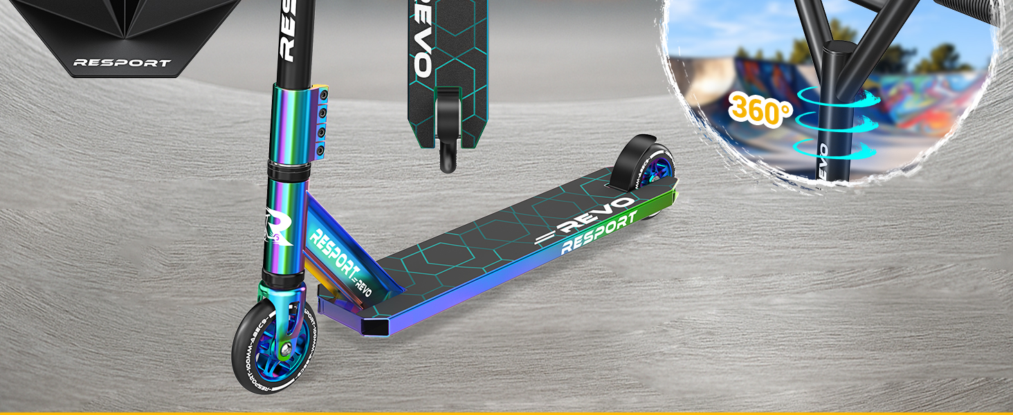 Трюковий самокат RE:SPORT® REVO Rainbow для дітей та дорослих зі стійкою | Професійний самокат з колесами 100мм PU та Y-рулем | Самокат трюковий, кікскутер ABEC 9