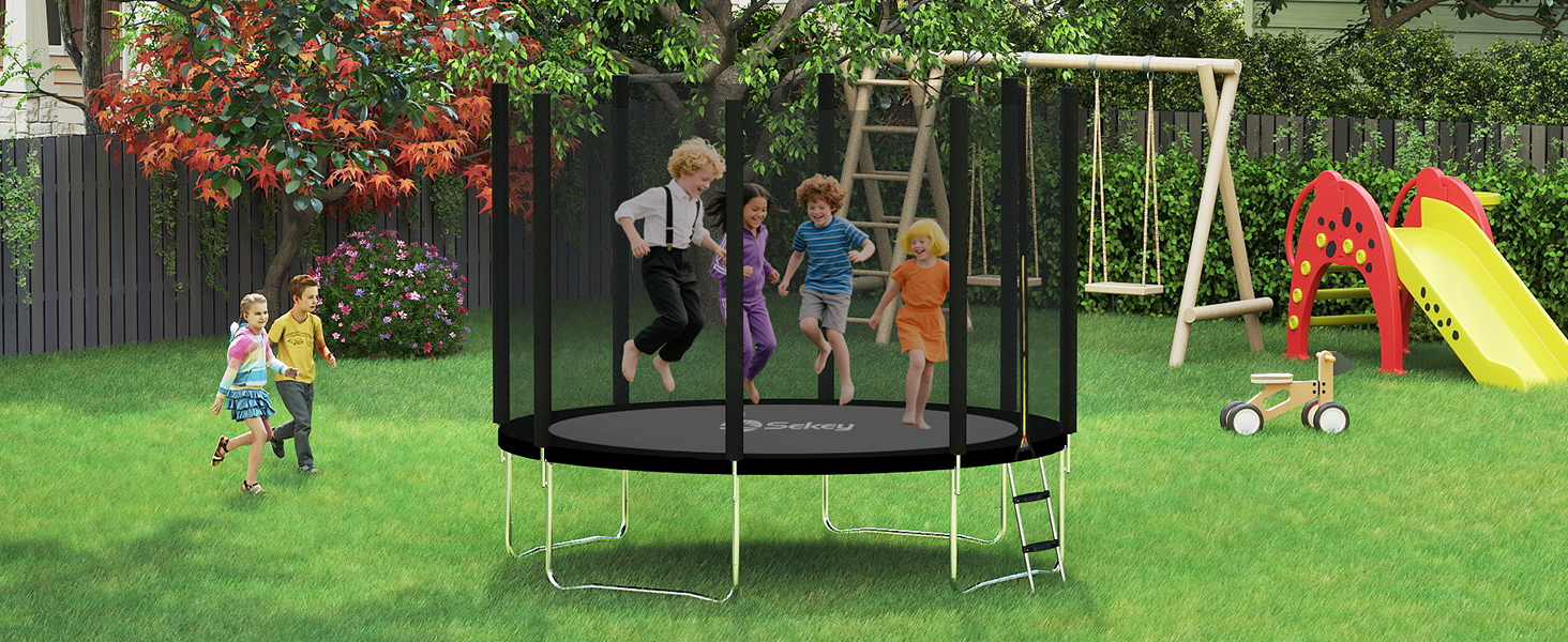 Трамплін Sekey Outdoor Ø 244/305/366 см - сертифікований TÜV Rheinland GS, дитячий, для саду з безпечним мотузковим драбиною, посиленим захисним сіткою та захисним бордюром (Чорний, 366 см/12 футів)