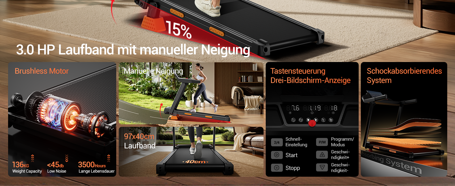 Біговий доріжка LONTEK для дому з нахилом 15%, швидкість 12 км/год, максимальне навантаження 136 кг, чорний