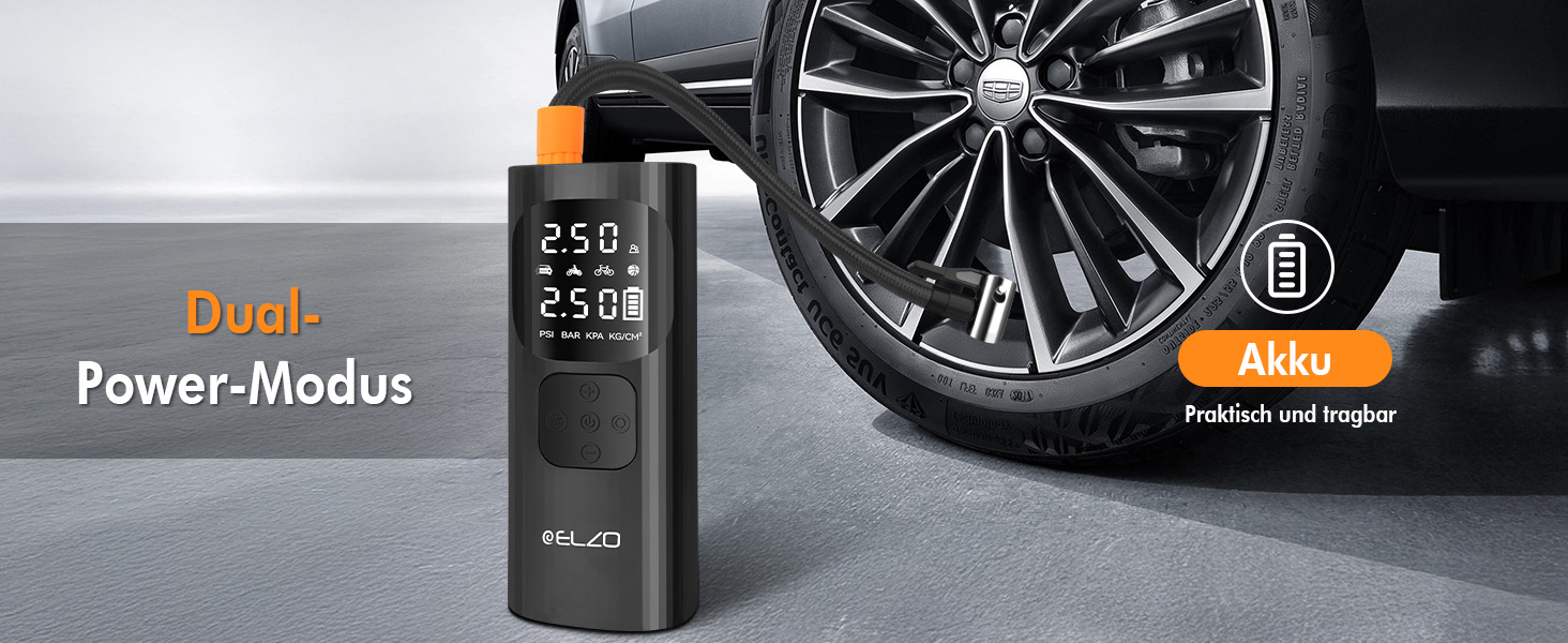 Електричний компресор ELZO для велосипедів, м'ячів та авто: 150 PSI, 7500mAh, LCD-дисплей, автостоп