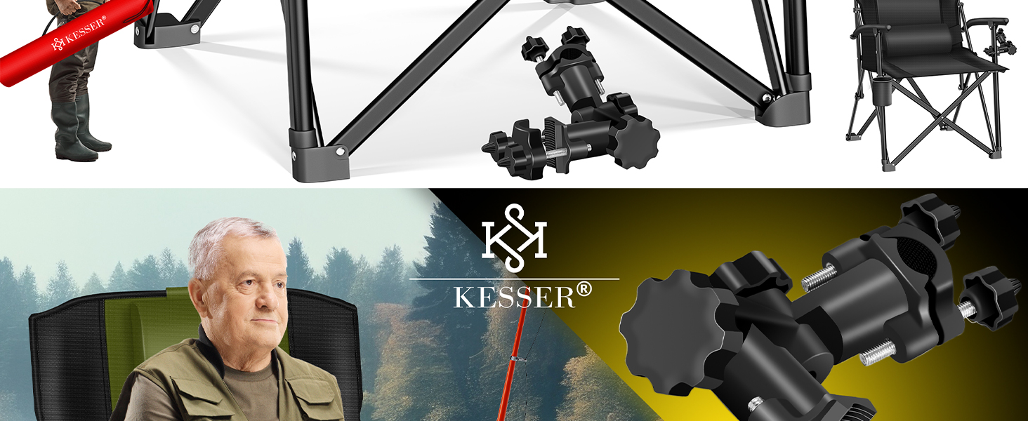 Крісло для кемпінгу KESSER® розкладне, 160 кг | Зручне рибальське крісло з підлокітниками, кишенею для напоїв та світлом | Для відпочинку на природі, пляжі, риболовлі | Navy Blue / Black