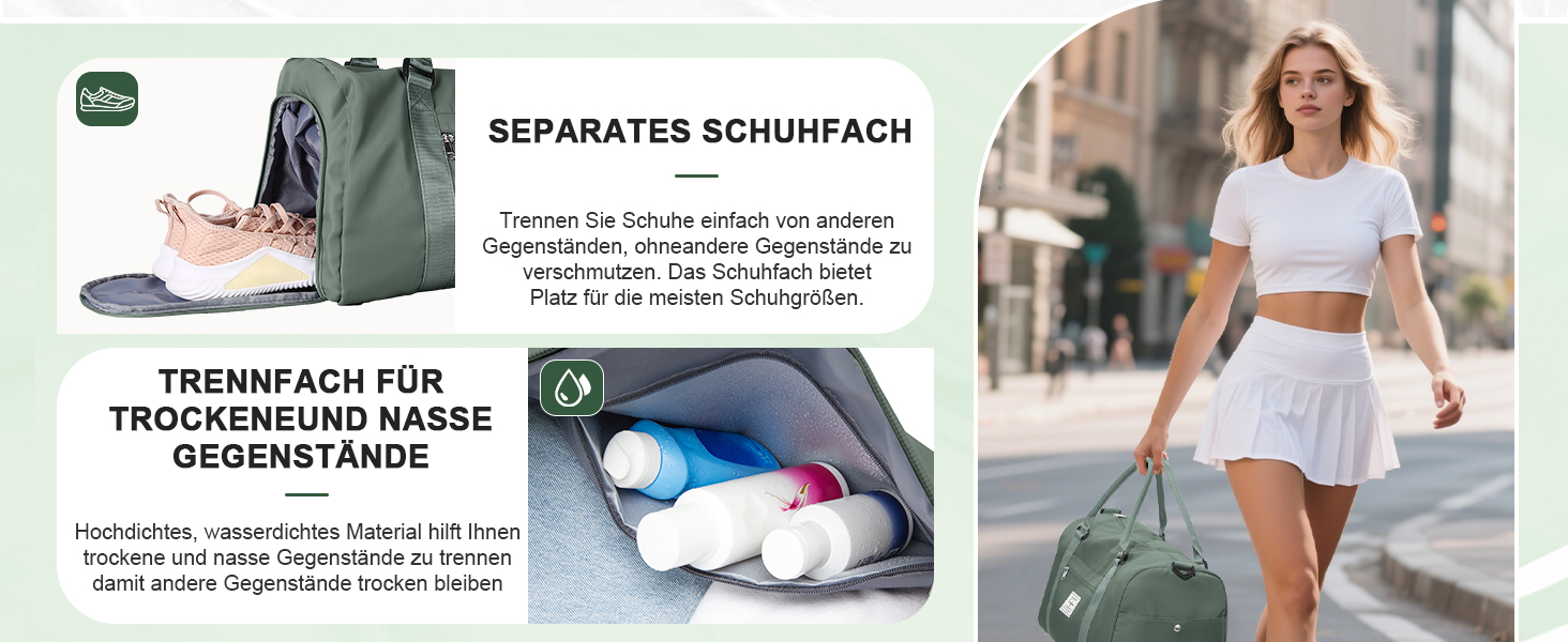 Спортивна сумка HYC00 для жінок та чоловіків: дорожня, для тренувань, з відділенням для мокрого одягу та взуття, армійсько-зелена