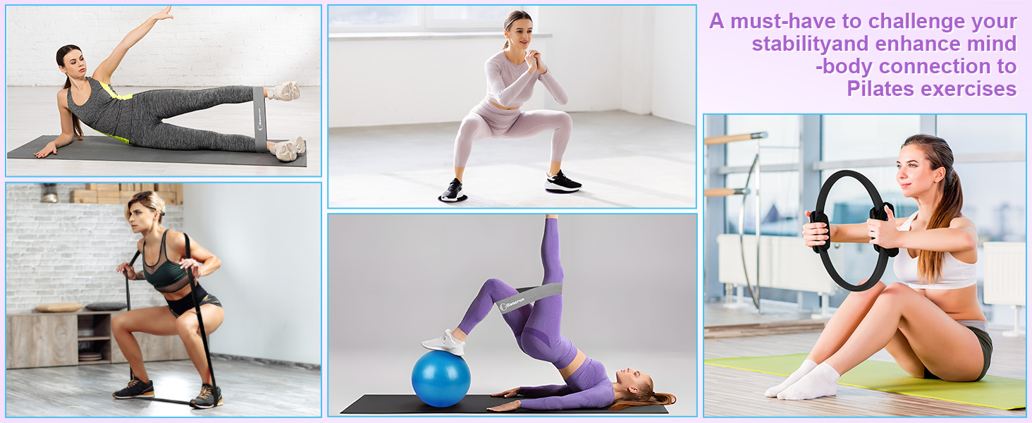 Набір для пілатесу: кільце, еластичні стрічки, фітбол, диски для ковзання, плакат з інструкцією. Домашній спортзал