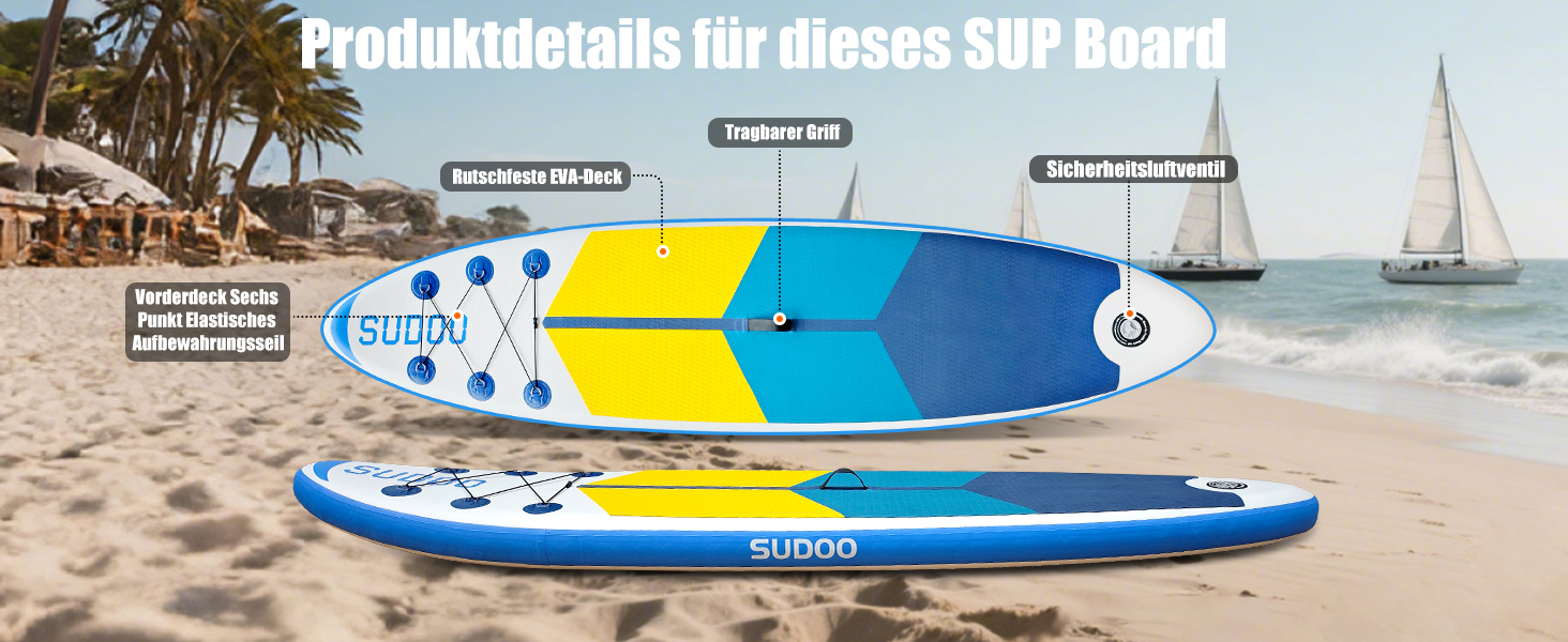 Надувний SUP Борд для вейкбордингу (2+1 особи/сім'ї), Surfboard для дорослих, вантажопідйомність до 150 кг, повний комплект з веслом, плавниками та рюкзаком (SUP20YG-Blue White)
