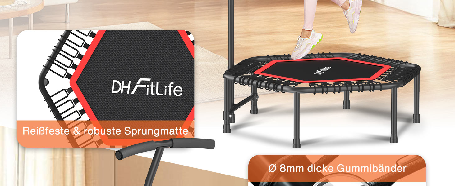 Фітнес-батут DH FitLife для дому Ø114 см, стабільний до 150 кг з ручкою, професійна якість, 36 посилених гумових тросів, безшумне амортизацію та протиковзкі ніжки