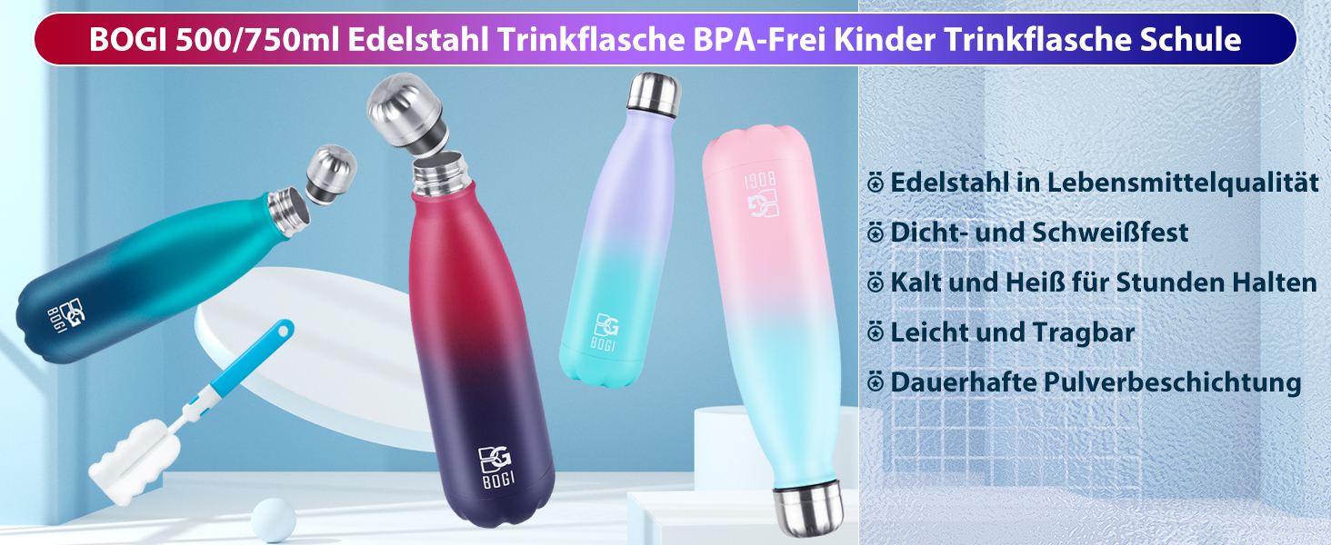 BOGI Термофляга для води 500 мл, металева, з нержавіючої сталі, для дівчаток та хлопчиків, з щіткою для чищення, Dred