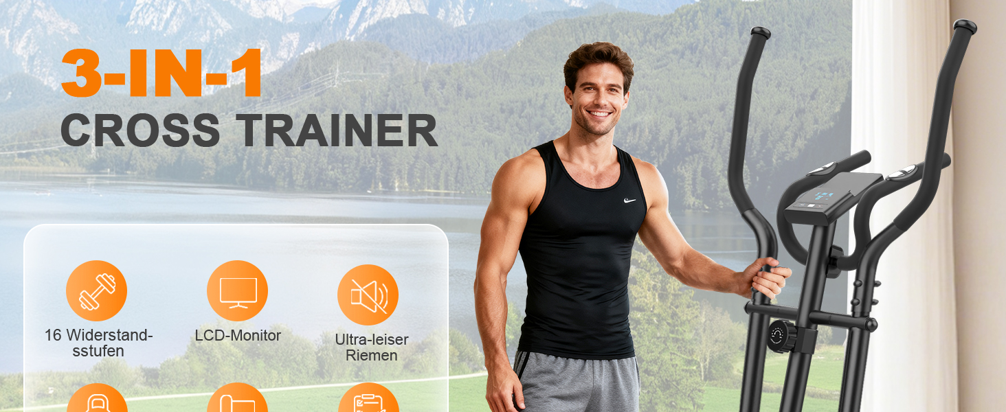 Еліптичний тренажер Crosstrainer 3-в-1 для дому з LCD-монітором та регулюванням навантаження до 287 кг (Оранжевий + Чорний)