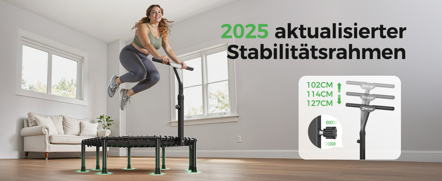 Трамплін для фітнесу BCAN, діаметр 102/122/130 см, з пружинами/ bungee-шнурами, для дорослих до 250 кг, з регульованими ручками, тихий та з низькою вібрацією, зелений/чорний